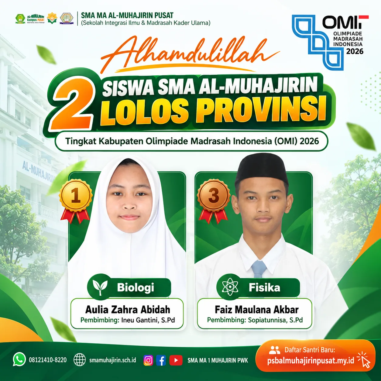 2 Siswa SMA Al-Muhajirin Pusat Lolos ke Tingkat Provinsi OMI 2026, Raih Juara Biologi dan Fisika